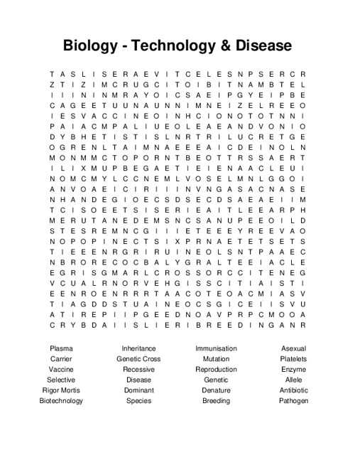 Biology - Technology & Disease Word Search Puzzle