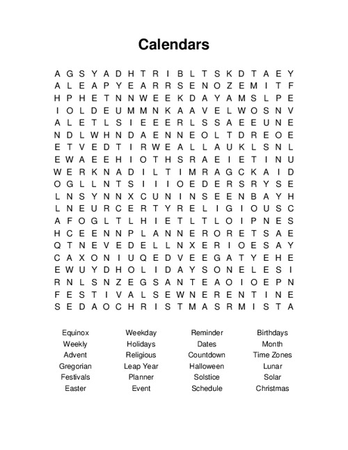 Calendars Word Search Puzzle
