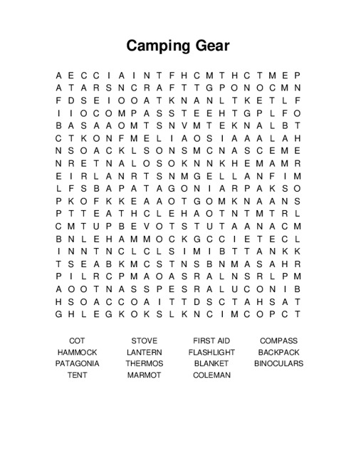 Camping Gear Word Search Puzzle