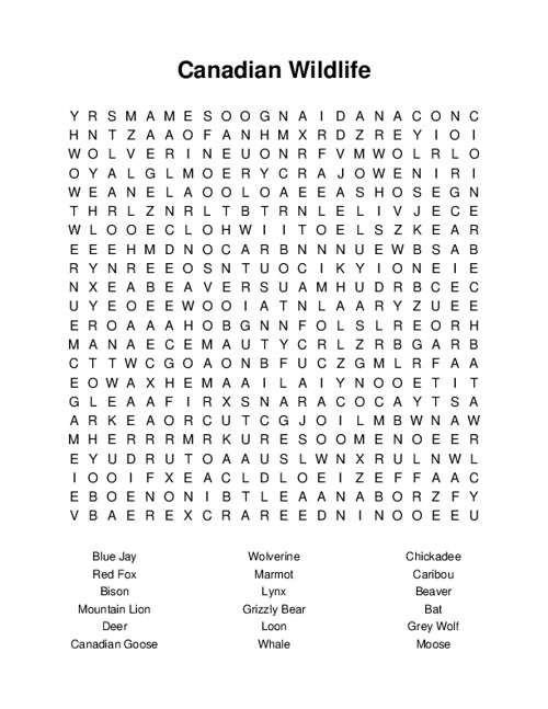 Canadian Wildlife Word Search Puzzle