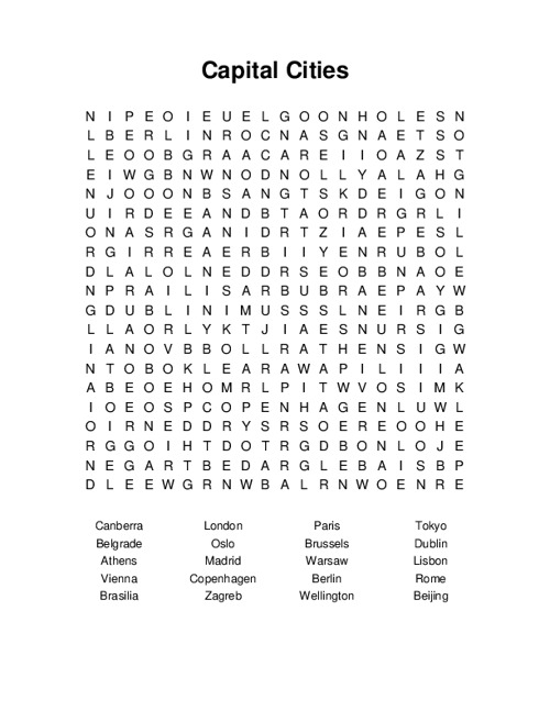 Capital Cities Word Search Puzzle