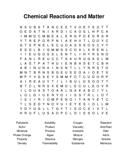 Chemical Reactions and Matter Word Search Puzzle