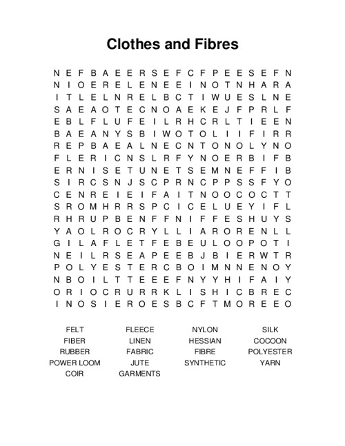 Clothes and Fibres Word Search Puzzle