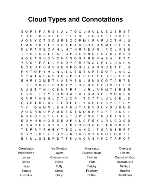 Cloud Types and Connotations Word Search Puzzle