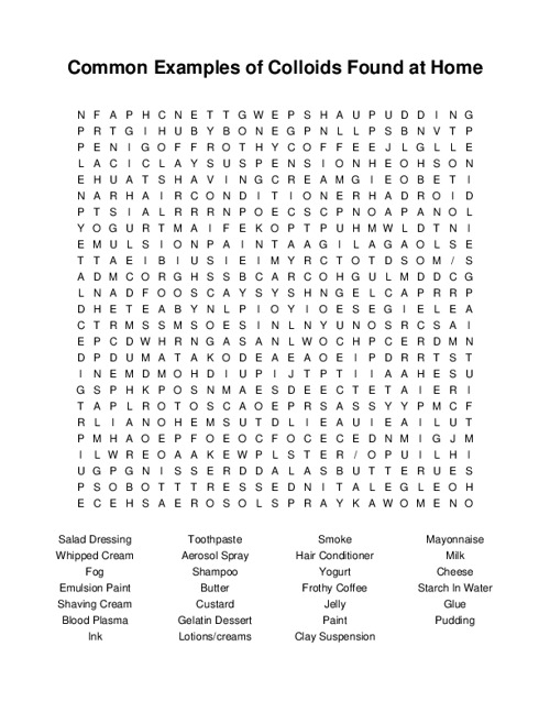 Common Examples of Colloids Found at Home Word Search Puzzle
