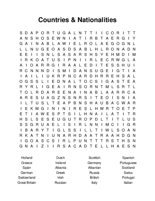 Countries & Nationalities Word Search Puzzle