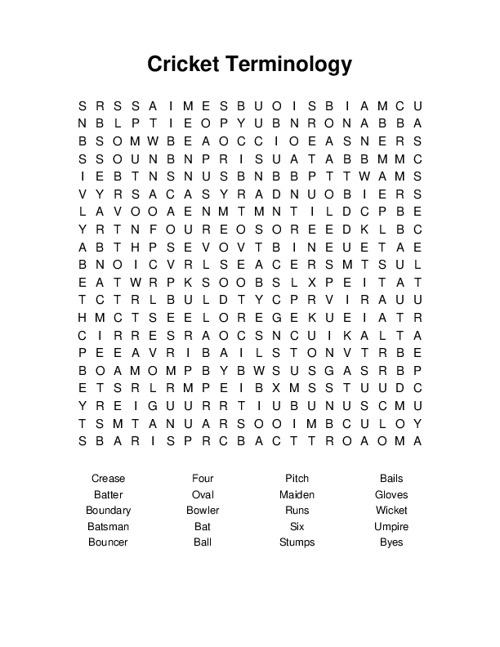 Cricket Terminology Word Search Puzzle