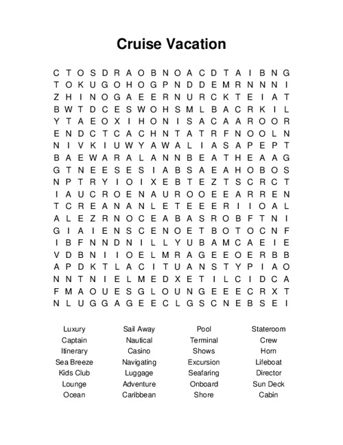 Cruise Vacation Word Search Puzzle