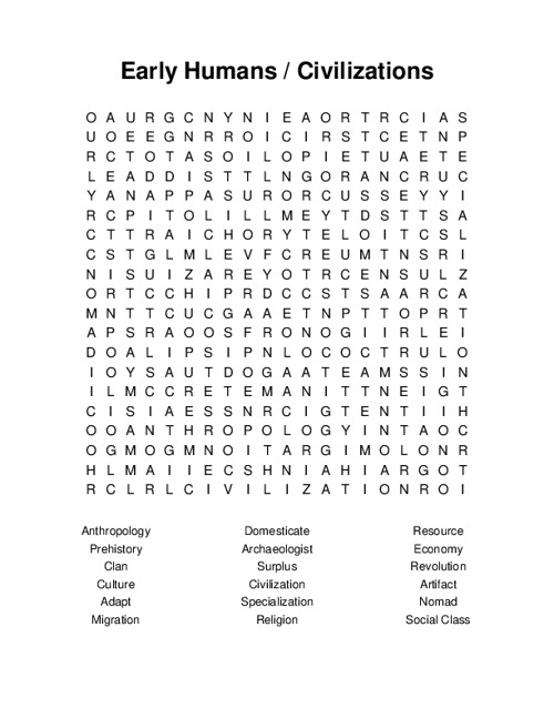 Early Humans / Civilizations Word Search Puzzle