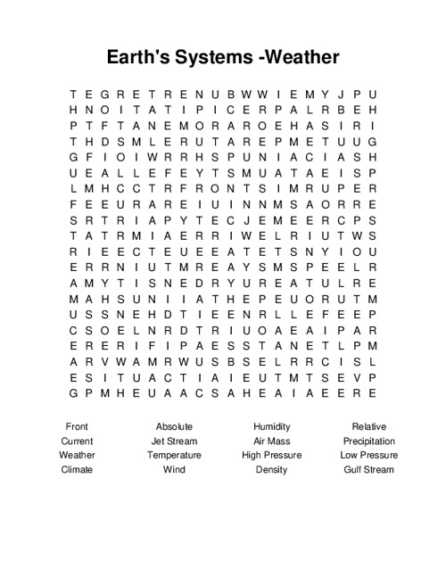 Earths Systems -Weather Word Search Puzzle
