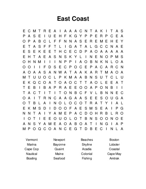East Coast Word Search Puzzle