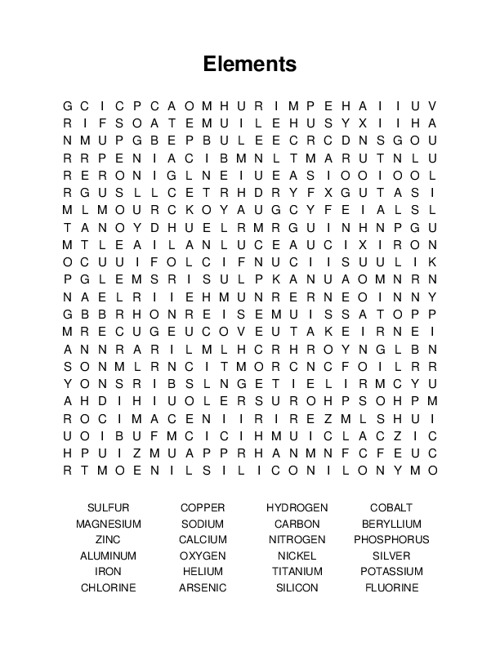 Elements Word Search Puzzle