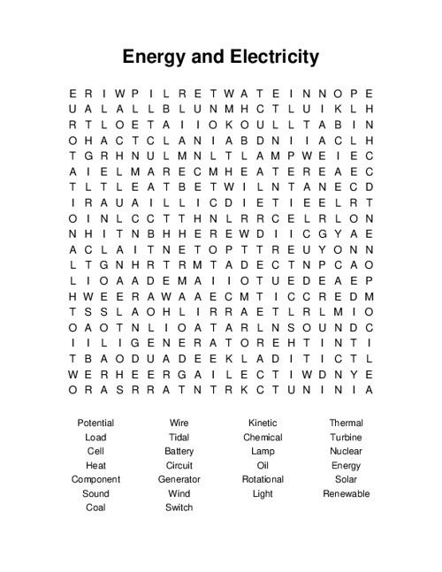 Energy and Electricity Word Search Puzzle