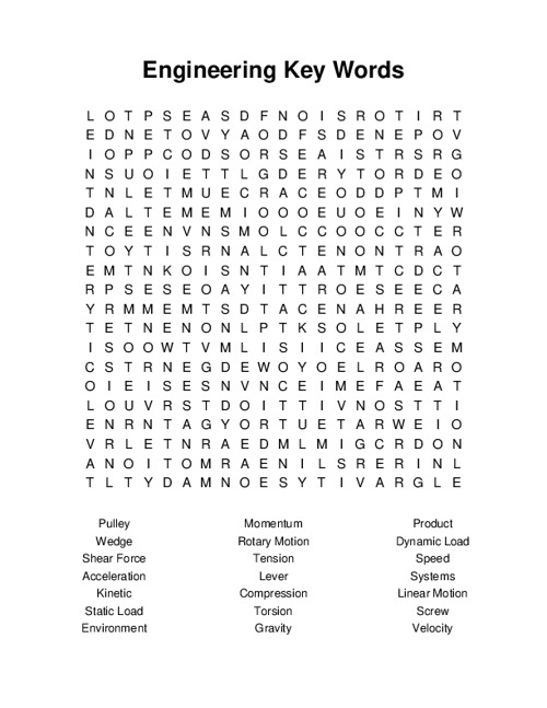 Engineering Key Words Word Search Puzzle