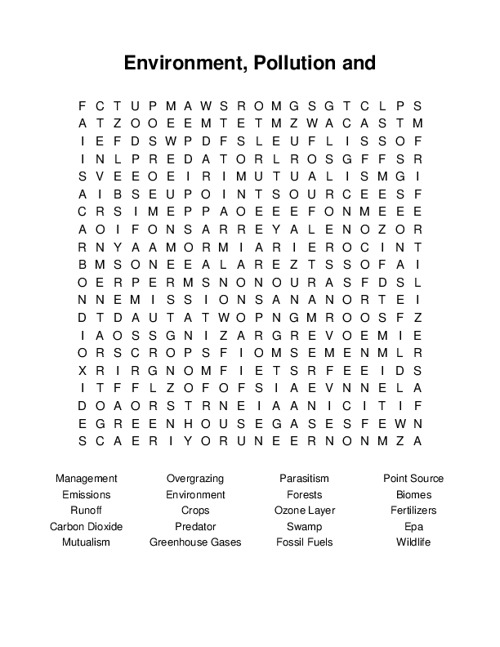 Environment, Pollution and Management Word Search Puzzle