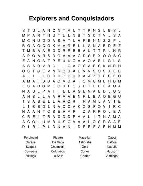 Explorers and Conquistadors Word Search Puzzle