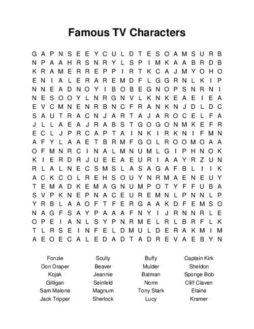 Famous TV Characters Word Search Puzzle