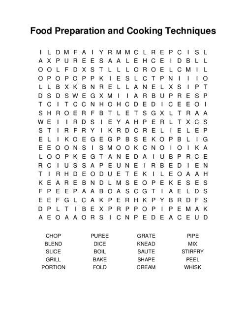 Food Preparation and Cooking Techniques Word Search Puzzle