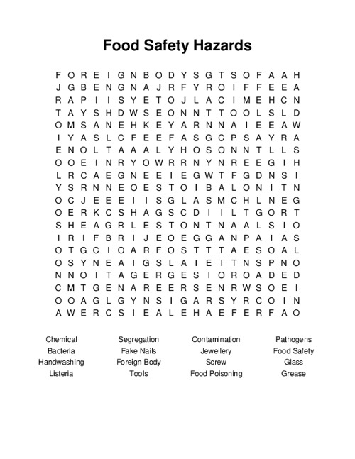 Food Safety Hazards Word Search Puzzle