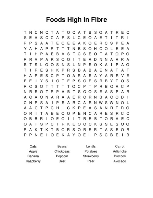 Foods High in Fibre Word Search Puzzle