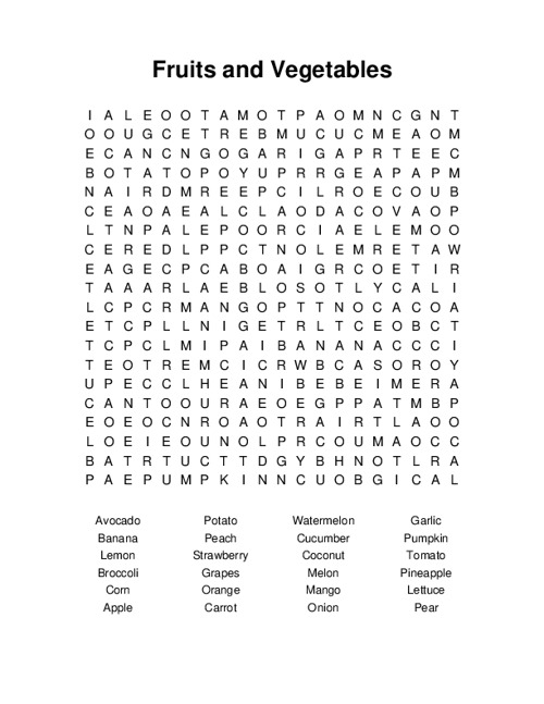 Fruits and Vegetables Word Search Puzzle