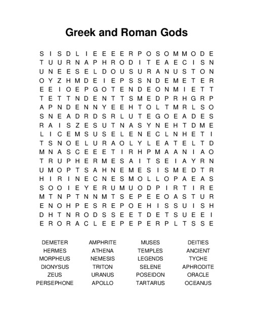 Greek and Roman Gods Word Search Puzzle