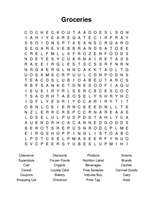 Groceries Word Search Puzzle