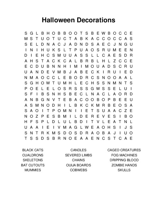 Halloween Decorations Word Search Puzzle