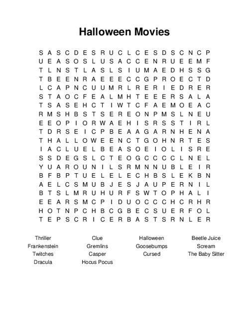 Halloween Movies Word Search Puzzle