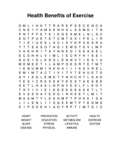 Health Benefits of Exercise Word Search Puzzle