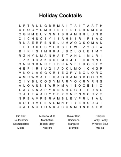 Holiday Cocktails Word Search Puzzle