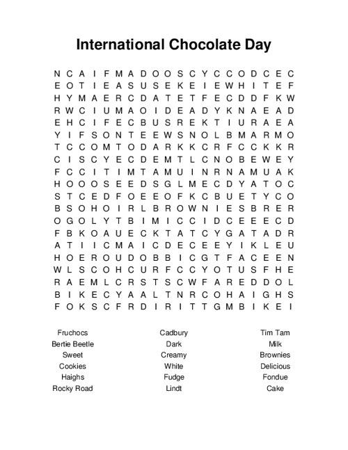 International Chocolate Day Word Search Puzzle