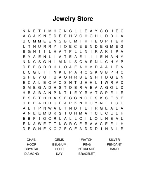 Jewelry Store Word Search Puzzle