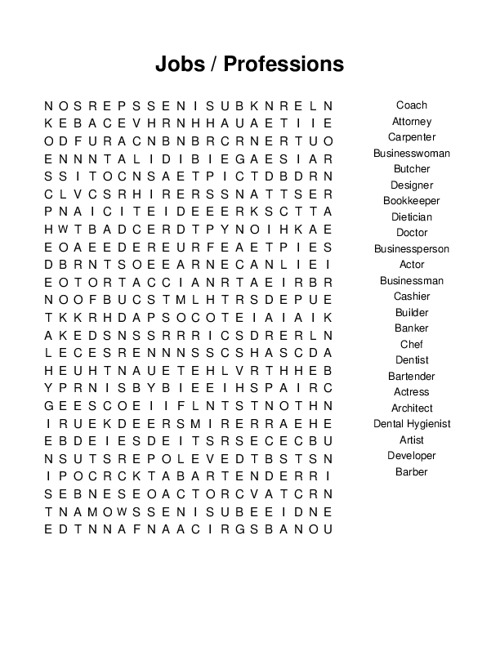 Jobs / Professions Word Search Puzzle