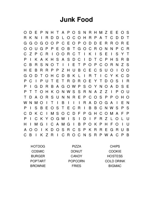 Junk Food Word Search Puzzle