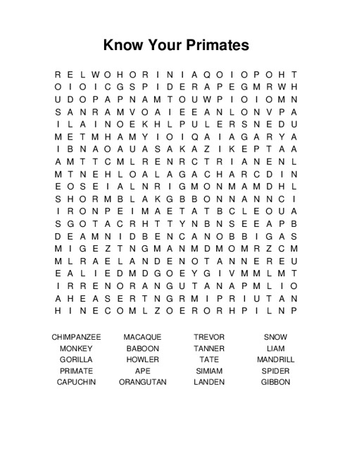 Know Your Primates Word Search Puzzle