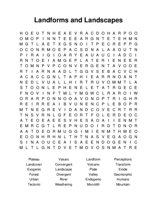 Landforms and Landscapes Word Search Puzzle