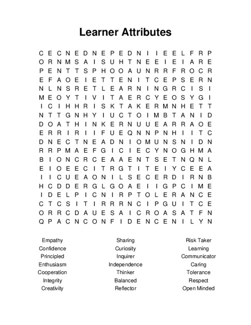 Learner Attributes Word Search Puzzle