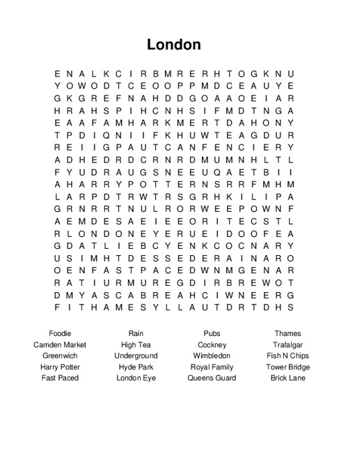 London Word Search Puzzle