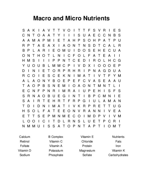 Macro and Micro Nutrients Word Search Puzzle