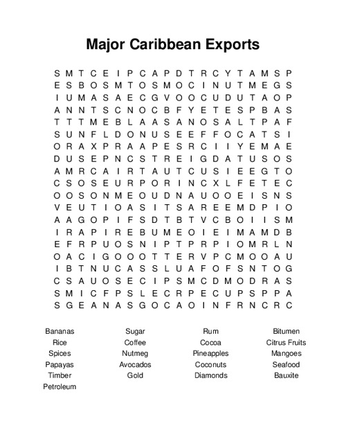 Major Caribbean Exports Word Search Puzzle