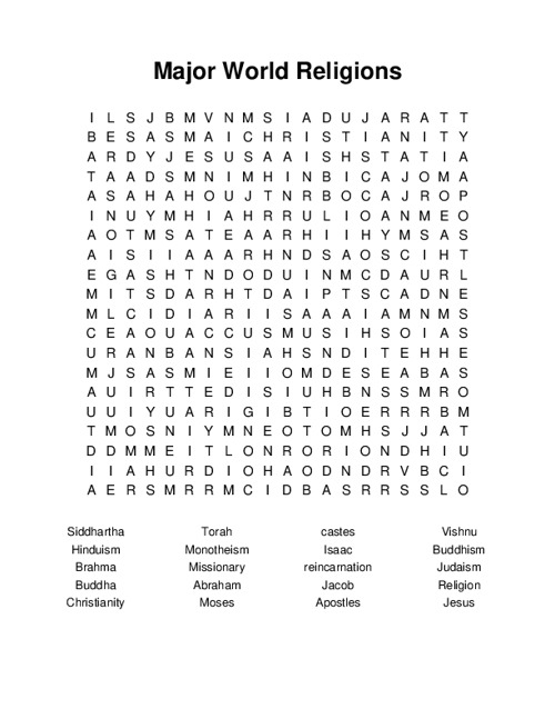 Major World Religions Word Search Puzzle