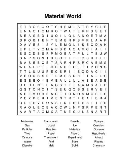 Material World Word Search Puzzle