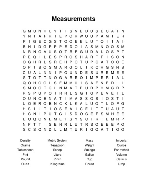 Measurements Word Search Puzzle