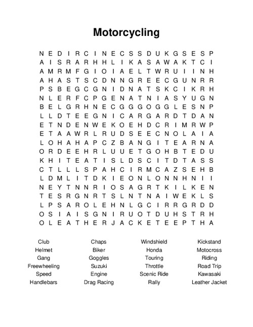 Motorcycling Word Search Puzzle