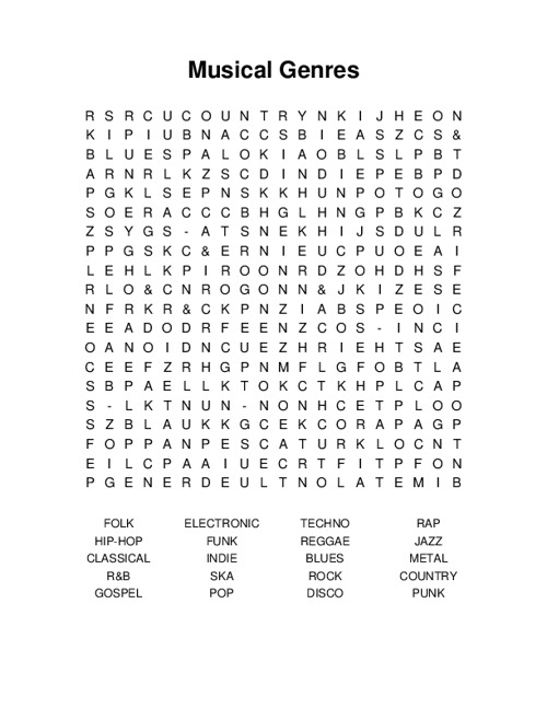 Musical Genres Word Search Puzzle