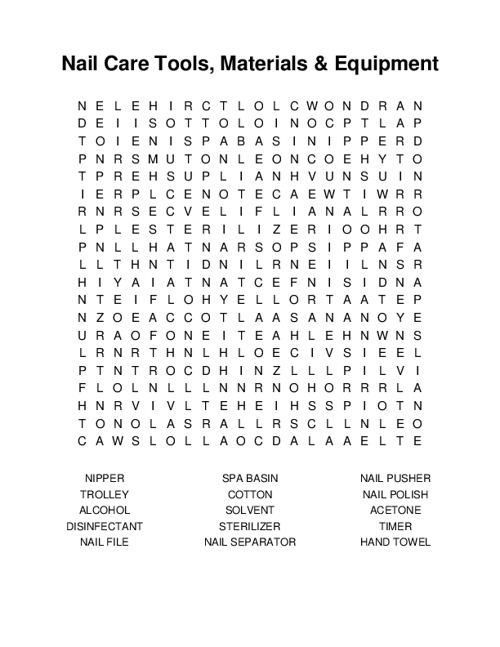 Nail Care Tools, Materials & Equipment Word Search Puzzle
