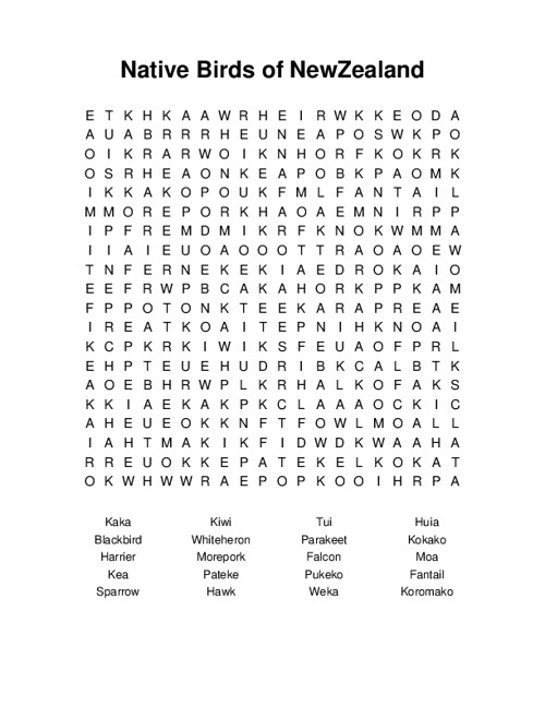Native Birds of NewZealand Word Search Puzzle
