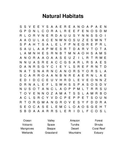Natural Habitats Word Search Puzzle