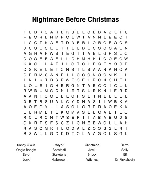 Nightmare Before Christmas Word Search Puzzle